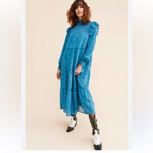 Bl^nk London Laura Tiered Smocked Maxi Dress Floral‎ Print Long Sleeve Blue Sz M